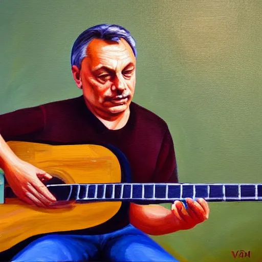 Image similar to viktor orban playing the guitar, oil painting