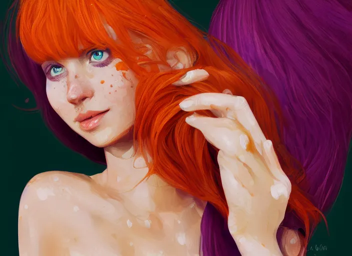 Prompt: portrait of a beautiful smiling girl with orange hair and freckles, green eyes, highly detailed, digital painting, concept art, smooth, sharp, focus, background is purple, artstation, style by Laia López
