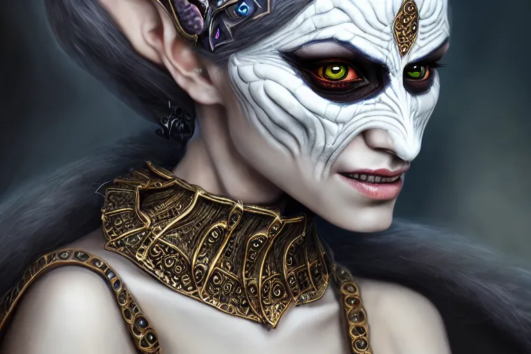 Image similar to a full portrait of a beautiful woman wearing, wearing extremely detailed attire, slim complexity, extremely detailed white eyes, medievil, dnd, extremely detailed, high quality, trending on artstation, photo realistic