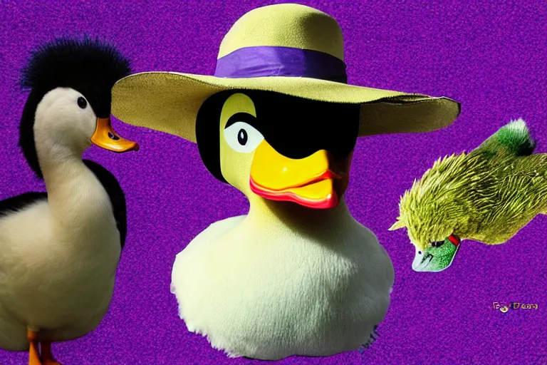 Image similar to duck wearing purple hat and cape and zoro mask by Roger Deakins