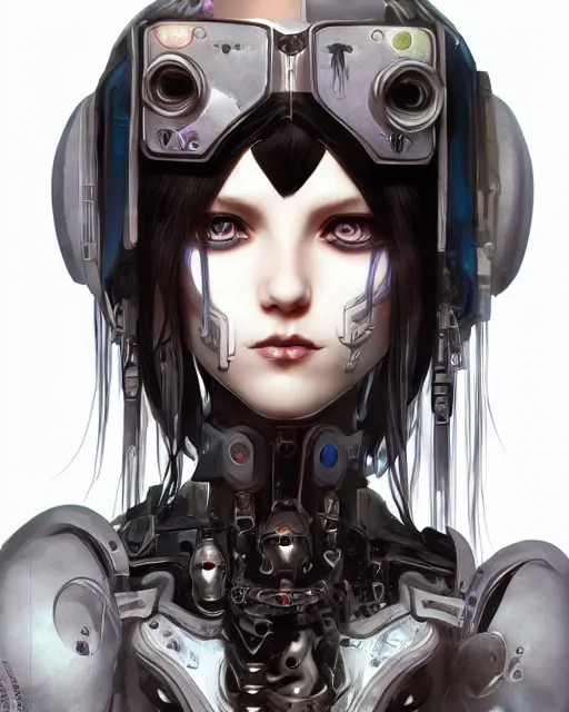 Image similar to portrait of cute beautiful young goth cyborg maiden, cyberpunk, Warhammer, highly detailed, artstation, illustration, art by Gustav Klimt and Range Murata