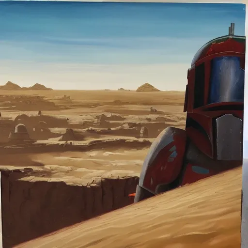 Image similar to Boba Fett looking at a giant cliff on Tatooine, oil painting