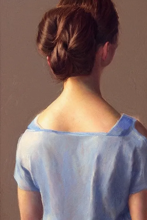 Image similar to girl with messy bun hairstyle, back view, blue camisole!!!!!!! shoulder tattoo!!!!!!! jeremy lipking, joseph todorovitch