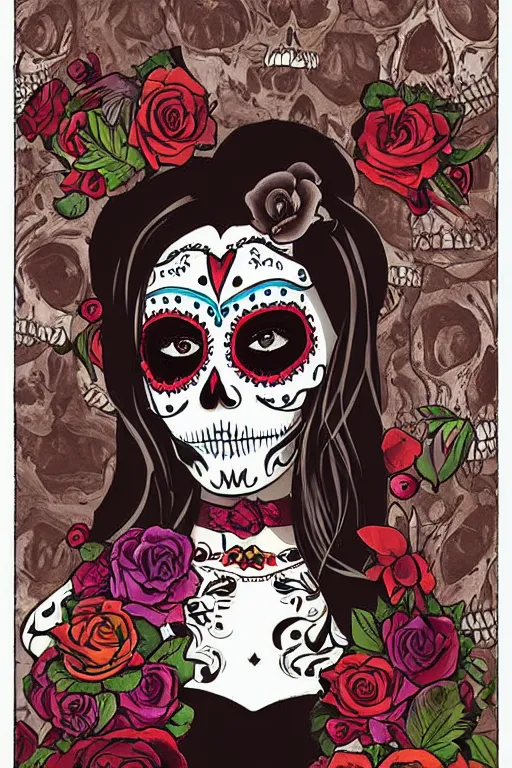 Image similar to Illustration of a sugar skull day of the dead girl, art by robert hubert