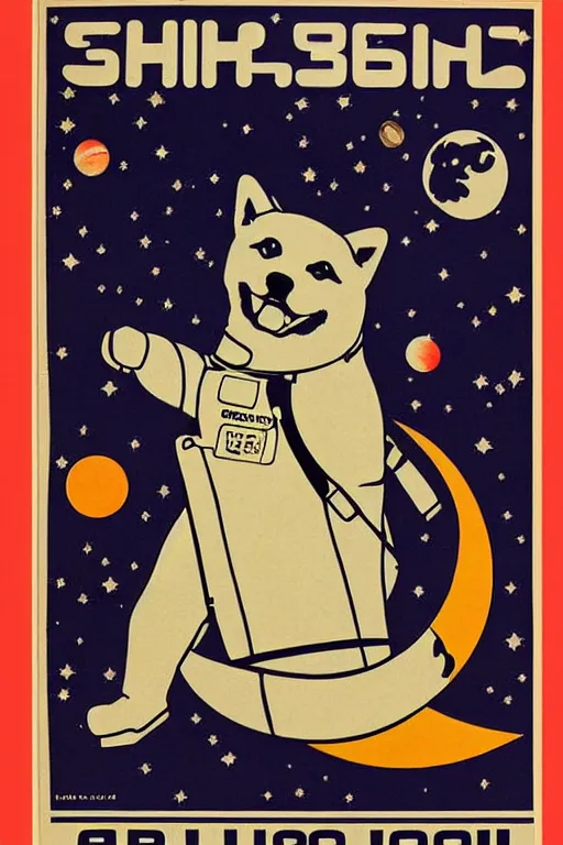 Image similar to Shiba Inu cosmonaut portrait, moon mission, 60s poster, 1968 Soviet Japanese