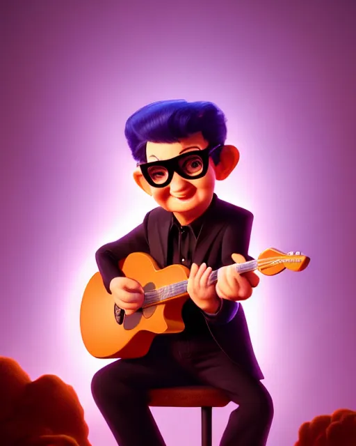 Image similar to disney pixar portrait 8 k photo of roy orbison on a smoky stage : : by weta, greg rutkowski, wlop, ilya kuvshinov, rossdraws, artgerm, annie leibovitz, rave, unreal engine, alphonse mucha : :