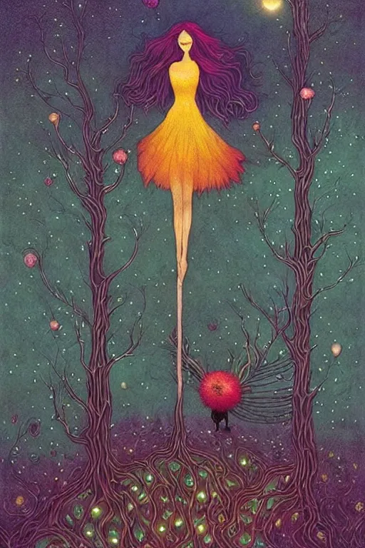 Image similar to surreal neil gaiman's Death, nostalgia for a fairytale, magic realism, flowerpunk, mysterious, vivid colors, by andy kehoe, amanda clarke