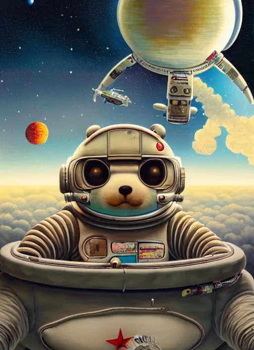 Prompt: highly detailed wide - angle portrait of a retro teddy in a spacesuit in a spaceship, nicoletta ceccoli, mark ryden, lostfish, earl nore, hyung tae, frank frazetta, global illumination, detailed and intricate environment