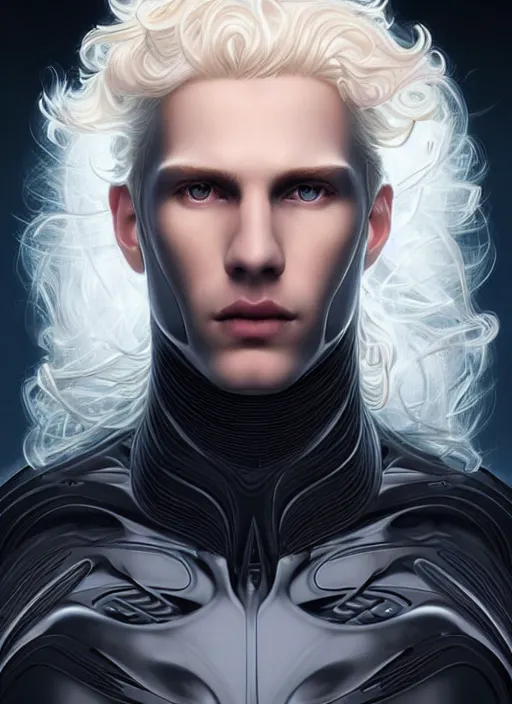Prompt: symmetry portrait of a pale blond androgynous irish male cyborg with very curly long blond curly hair, clean shaven!!!!, sci - fi, black cybernetic armor, glowing lights intricate, elegant, highly detailed, digital painting, artstation, concept art, smooth, sharp focus, illustration, art by artgerm and greg rutkowski and alphonse mucha