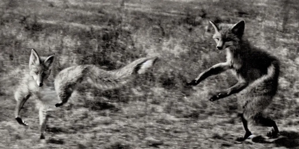 Image similar to anthropomorphic fox being chased, 1 9 3 0 s film still, ladislas starevich