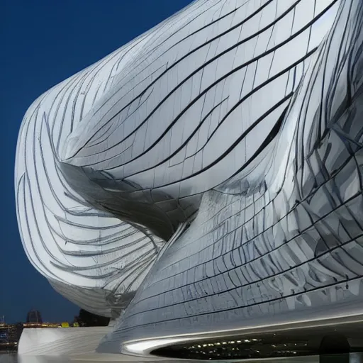 Image similar to extremely detailed ornate stunning beautiful elegant futuristic museum exterior by Zaha Hadid