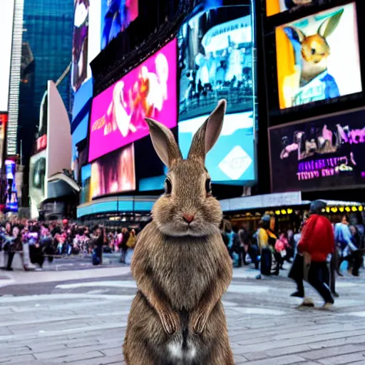 Image similar to a rabbit standing in times square, photorealistic