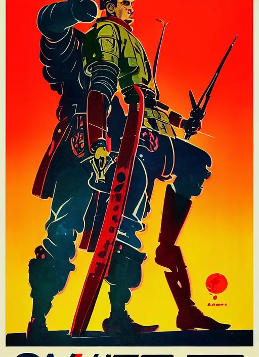 Image similar to soviet propaganda poster. cyberpunk samurai. portrait by jean giraud and anton otto fischer and john philip falter and will eisner and gil elvgren and pixar. realistic proportions. character art. science fiction d & d. tf 2, overwatch, rb 6 s, cyberpunk 2 0 7 7, blade runner 2 0 4 9.