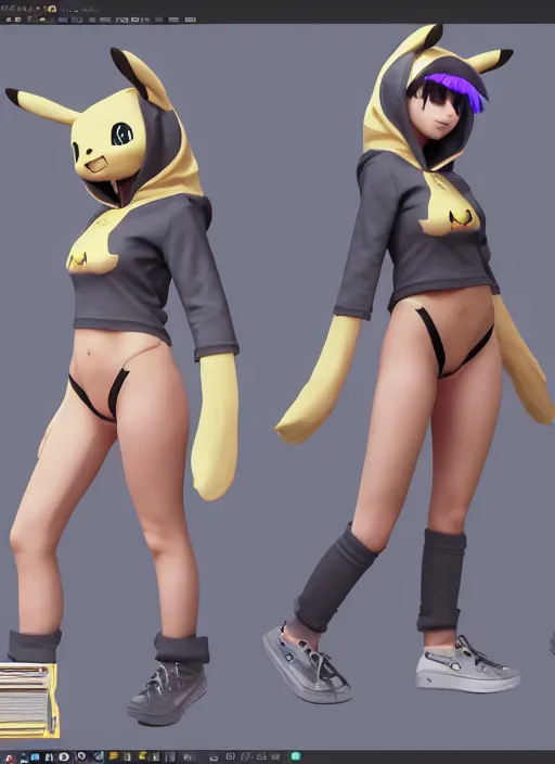 Image similar to vrchat, secondlife, imvu, 3 d model of a girl in a pikachu hoodie, hq render, detailed textures, artstationhd, booth. pm, highly detailed attributes and atmosphere, dim volumetric cinematic lighting, hd, unity unreal engine