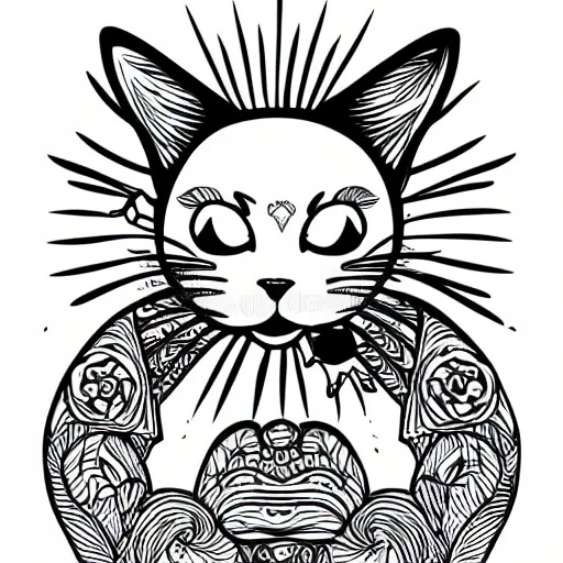 Image similar to tattoo sketch of a cat hugging the sun, on a canva, blackwork, ornamental, line art, vector,