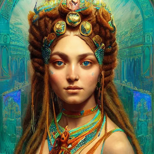 Image similar to artstation, intricate detail, hyper detail, portrait by gaston bussiere, tan skin lady of elche, egyptian sumerian features, techno mystic goddess princess intergalactica inanna with aqua neon rapunzel dreadlocks,