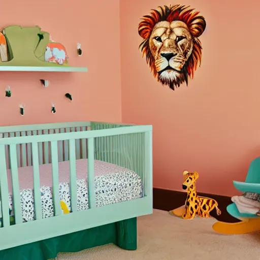 Image similar to interior design baby room, orange and green pastel colours, sunset, safari animals, lion water colours pictures against wall, wood cot and shelves with rocking chair