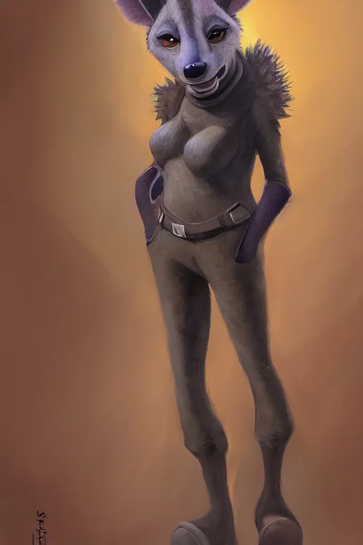 Image similar to oil painting of anthromorphic female hyena, in style of zootopia, female fursona, furry, furaffinity, 4 k, deviantart, furry art, fursona art, wearing black business suit, business suit, hyena fursona, female, smug expression,