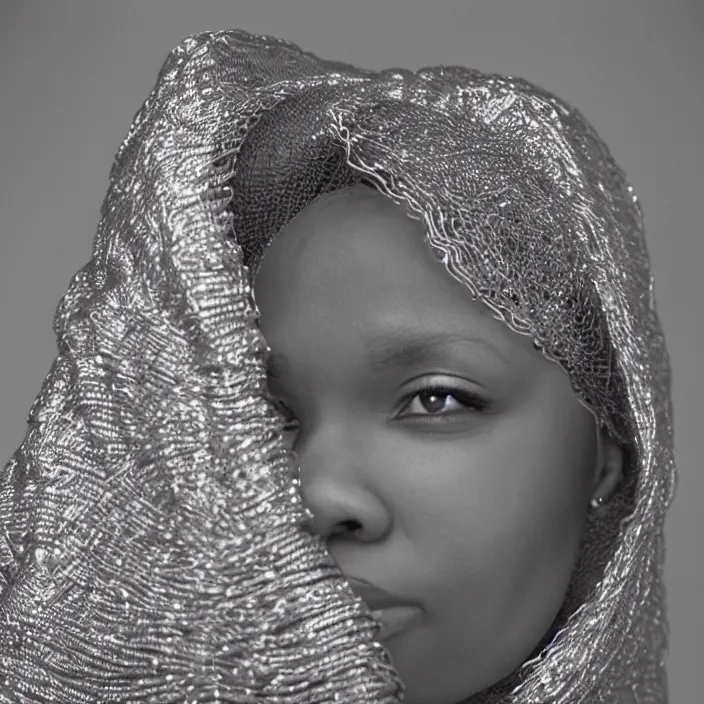 Image similar to a closeup portrait of a woman wearing a hood made of wire and plastic, in a laundry mat, color photograph, by kehinde wiley, canon eos c 3 0 0, ƒ 1. 8, 3 5 mm, 8 k, medium - format print