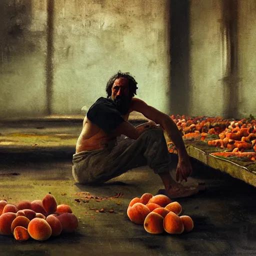 Image similar to feral man eating peaches in a factory, hunched over, mild mild impressionism, factory background, sharp colors, by greg rutkowski and asher duran