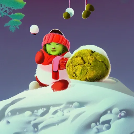 Image similar to a portrait of a mochi snowball - happily eating cannabis cookies with friends, friendly characters snowboarding in a gelatinous environment 3 d rendered in octane, by eyvind earle artgerm