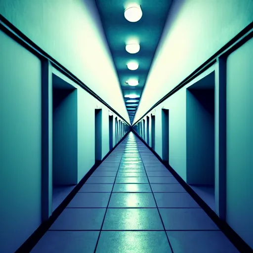 Image similar to noisy color photograph of a liminal space in the style of MC Escher, hallways, abstract 3d render, minimalist, oddly familiar, cinematic, dramatic lighting, soft vintage glow, floating liquid, stretching to walls, supernova inside facility, scared faces emerging from darkness