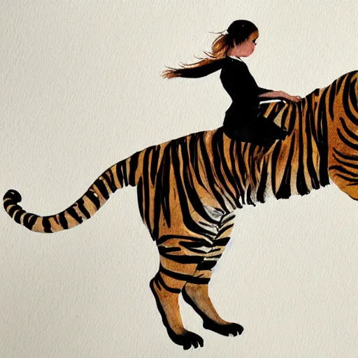 Prompt: girl riding a tiger, art, minimalistic painting, watercolor on paper, high quality, by Berthe Morisot, trending on artstation