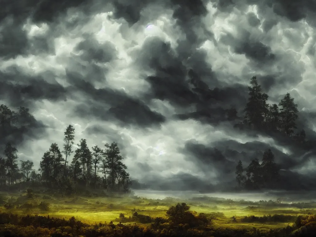 Image similar to detailed landscape, forests. very detailed dark super storm, hyper realistic clouds, impressive, magical, very atmospheric, smoke boiling, cinematic, deep, very high complexity, stunning, masterpiece, chiaroscuro, in the style of david holland and laura den hertog and michael creese, very detailed. 4 k