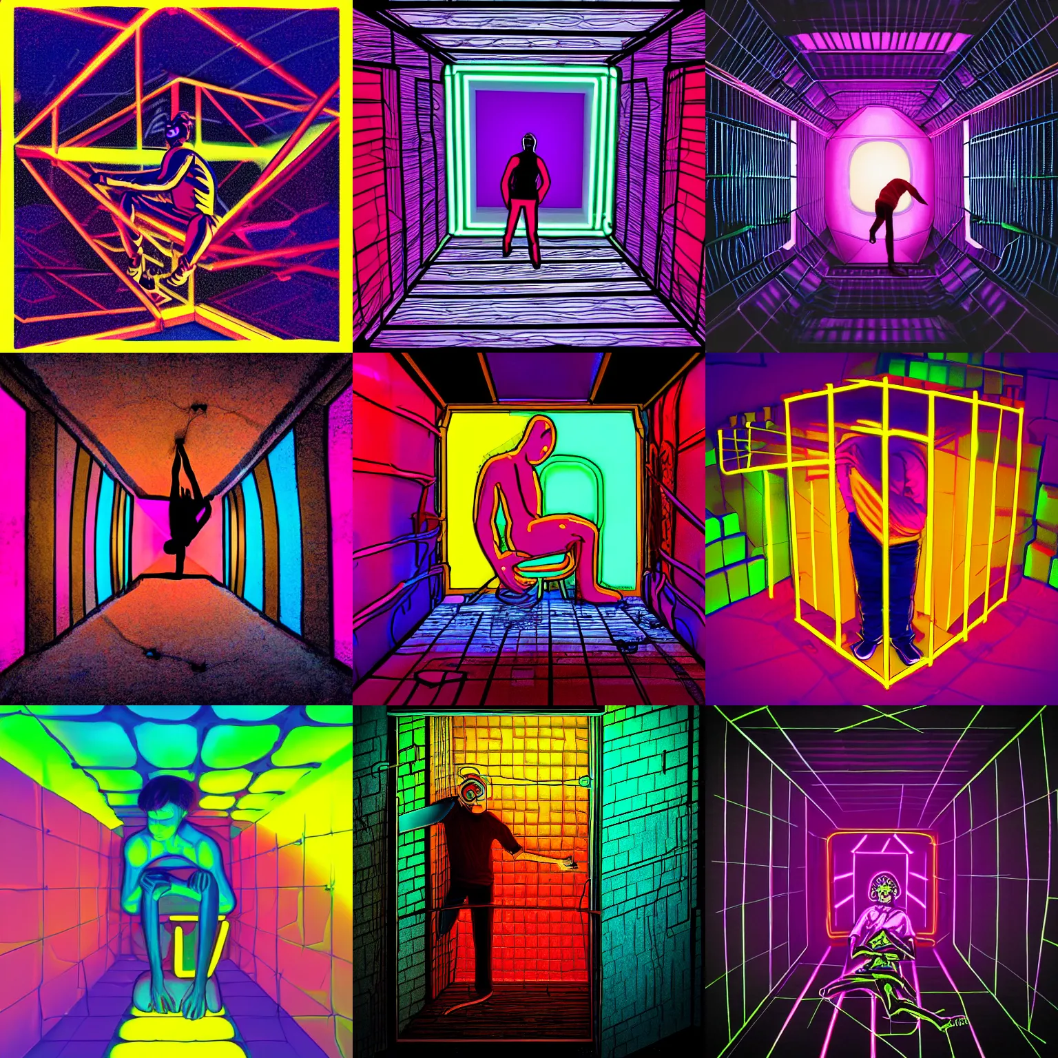 Prompt: man trapped tightly in the celestial cube (contortionism) (single point perspective) (gritty atmosphere) (neon colors)