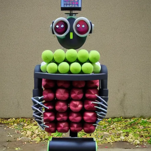 Image similar to scary robot made of apples and tennisballs