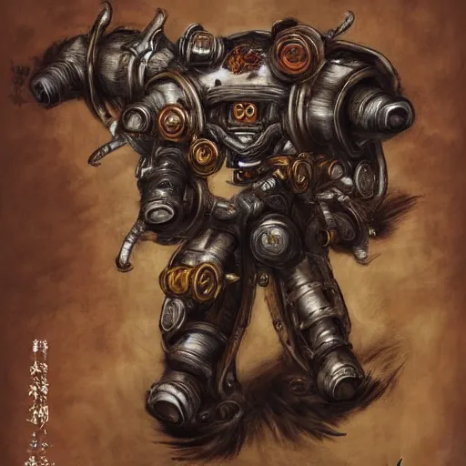 Image similar to portrait of a rampaging ashigaru mecha boar, fantasy painting, dungeons and dragons, magic the gathering art, of bamboo, laquer and steel, steampunk - inspired by brian froud and greg rutkowski