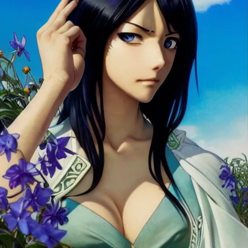 Image similar to highly detailed vfx portrait of nico robin by eiichiro oda!, makoto shinkai, alphonse mucha, sharp focus, art by artgerm and greg rutkowski!, harsh overhead sunlight, blue eyes!!, large aquiline nose!!, stanley kybric, kaoru mori, intricately detailed,