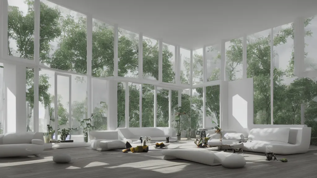 Prompt: a wide angle, utopian dreamy retrofuturistic living room, wabi - sabi, white smooth plastic walls, windows to foggy garden by vincent callebaut and james jean and nikita replyanski and mark ryden, vray render 4 k