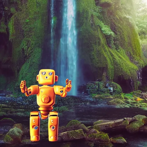 Image similar to [Robot(ian) { eyes(cute huge + luminous), view(full body + zoomed out), background(solid), pose(arms up + happy), holding(stick), bear(scared + running away), waterfall(beautiful + lushious + large)}]