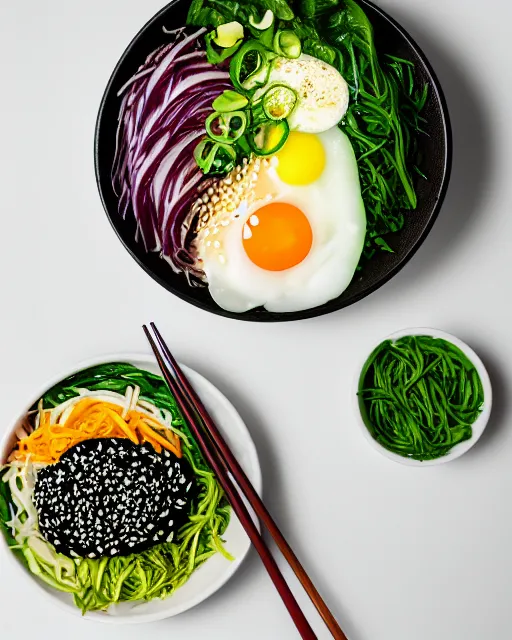 Prompt: realistic photo of delicious bimbimbap, bowl, white kitchen table, cloth, onion, greenery, marble, highly detailed, by louise lister, sara ali, mary devinat, kailee mandel, masterpiece, award winning, food photography