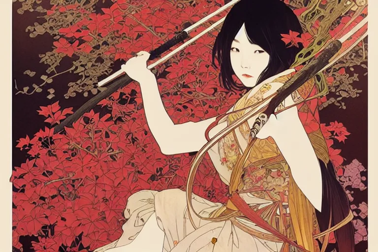 Prompt: beautiful cinematic fantasy poster, asian woman with 2 left arms side view using a bokken in forest ; intricate complexity, by shigenori soejima, krenz cushart, alphonse mucha, takato yamamoto, conrad roset, 4 k, beautiful, high quality - h 9 6 0