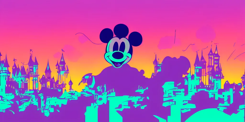 Prompt: vaporwave, vector graphics, somber mickey mouse silhouette, synthwave, neon