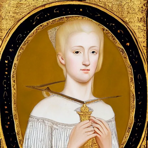 Prompt: intricate detailed portrait of a beautiful blonde noble woman from the 13th century holding a ceremonial greatsword, high quality, breathtaking, somber, photo realism.