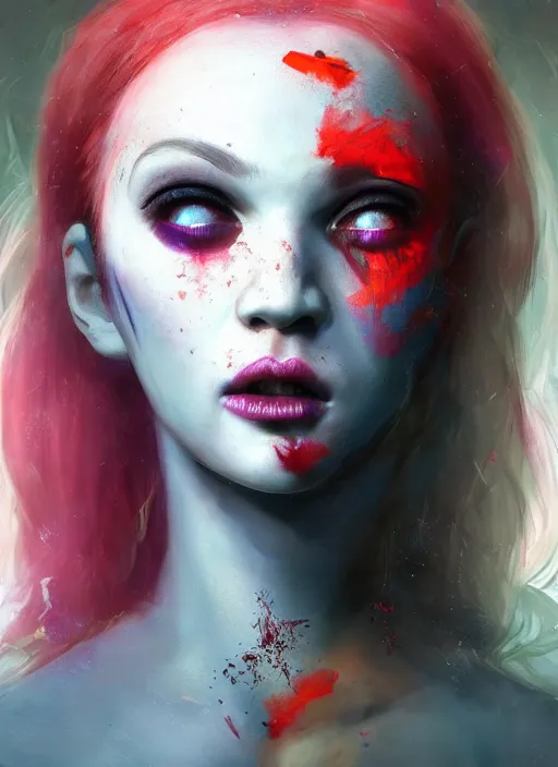 Image similar to portrait of sinister girl with pouty aerochrome lips, skeksis, unforgivable, cute bandaid on nose!!, expressive eyes, full body, deathly skin, greg rutkowski, charlie bowater, yuumei, stephen gammell, unreal 5, daz, hyperrealistic, octane render, rpg portrait, dynamic lighting, fantasy art, beautiful face