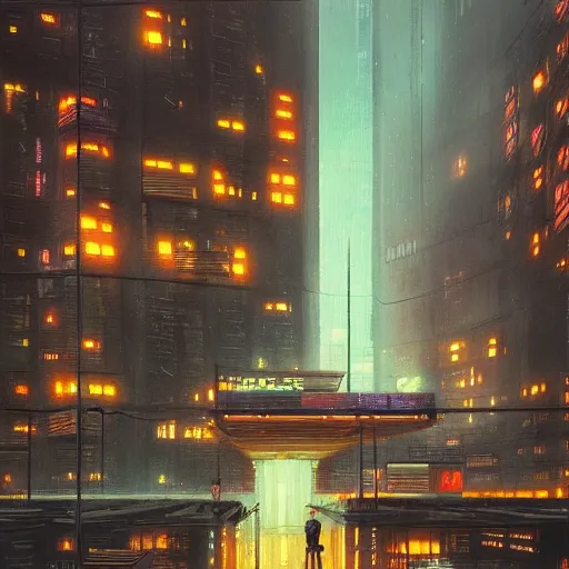 Image similar to highly detailed brutalist architecture city, with neon lights, while it's raining, stephen bliss, unreal engine, fantasy art by greg rutkowski, loish, rhads, ferdinand knab, makoto shinkai, ilya kuvshinov, rossdraws, global illumination, radiant light, detailed and intricate environment