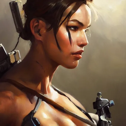 Image similar to greg manchess portrait painting of partially armored lara croft as overwatch character, close - up shot, asymmetrical, profile picture, organic painting, sunny day, matte painting, bold shapes, hard edges, street art, trending on artstation, by huang guangjian and gil elvgren and sachin teng