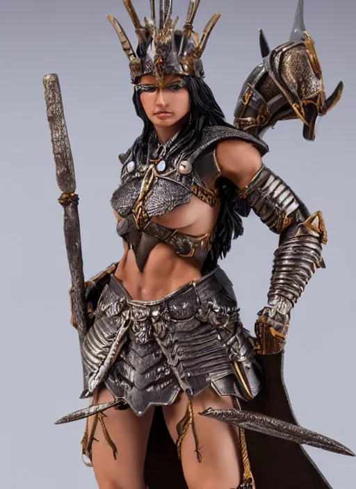 Prompt: 80mm resin detailed miniature of Queen of barbarian, clothed in armor, circlet, very muscular, brown skin, black hair, beautiful bone structure, symmetrical facial features, Product Introduction Photos, 4K, Full body