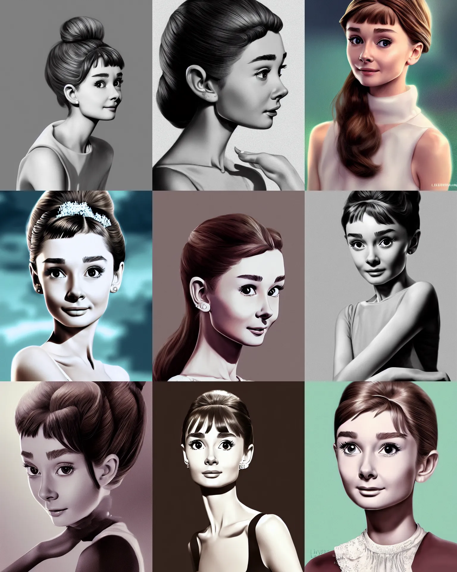 Prompt: highly detailed portrait of young audrey hepburn, by range murata and leyedencker and wlop, perfect infinite detail and detailed hands, dynamic pose, dreamy scenery background, global illumination, glowing radiant light, detailed intricate environment