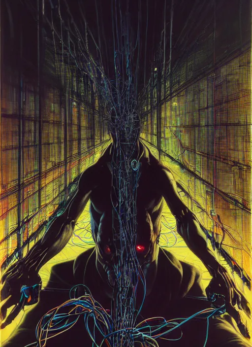 Prompt: extreme long shot of dark cyberpunk man coding a lot of cables, by francis bacon, by ayami kojima, by amano, by karol bak, greg hildebrandt, by mark brooks, by alex grey, by zdzisław beksinski, by takato yamamoto, radiant colors, ultra detailed, high resolution, wrapped thermal background