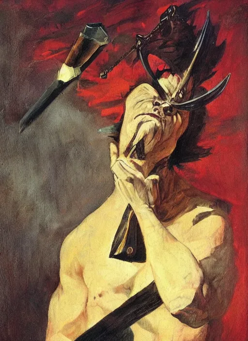 Prompt: portrait of noble duelist, coherent! by mariusz lewandowski, by frank frazetta, deep color, strong line, minimalism, high contrast