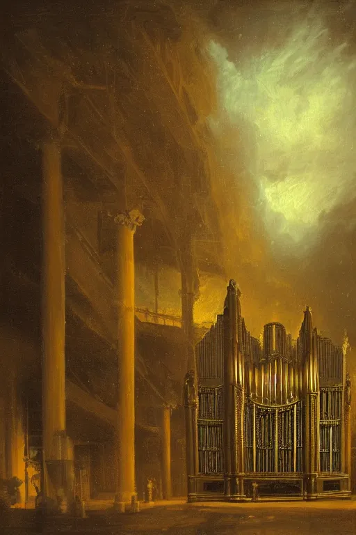 Prompt: dark fantasy matte painting of a city-size pipe organ at night, dark stormy weather by beksinsky and Goya, fine detail