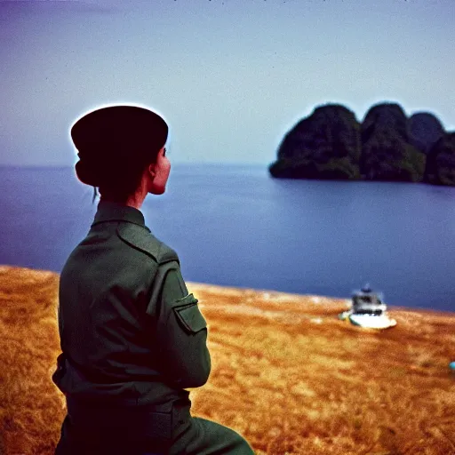 Image similar to film still, far view, landscape, emma watson soldier, vietnam patrol boat, kodak ektachrome, blue tint expired film,