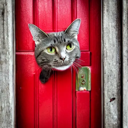 Image similar to a cat peaking behind the red door, professional photography