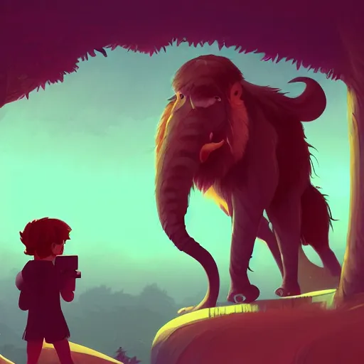 Image similar to a caveman using an iphone while a wooley mammoth and sabertooth tiger look over his shoulder at the glowing screen, ambient lighting, 4k, lois van baarle, ilya kuvshinov, rossdraws, artstation