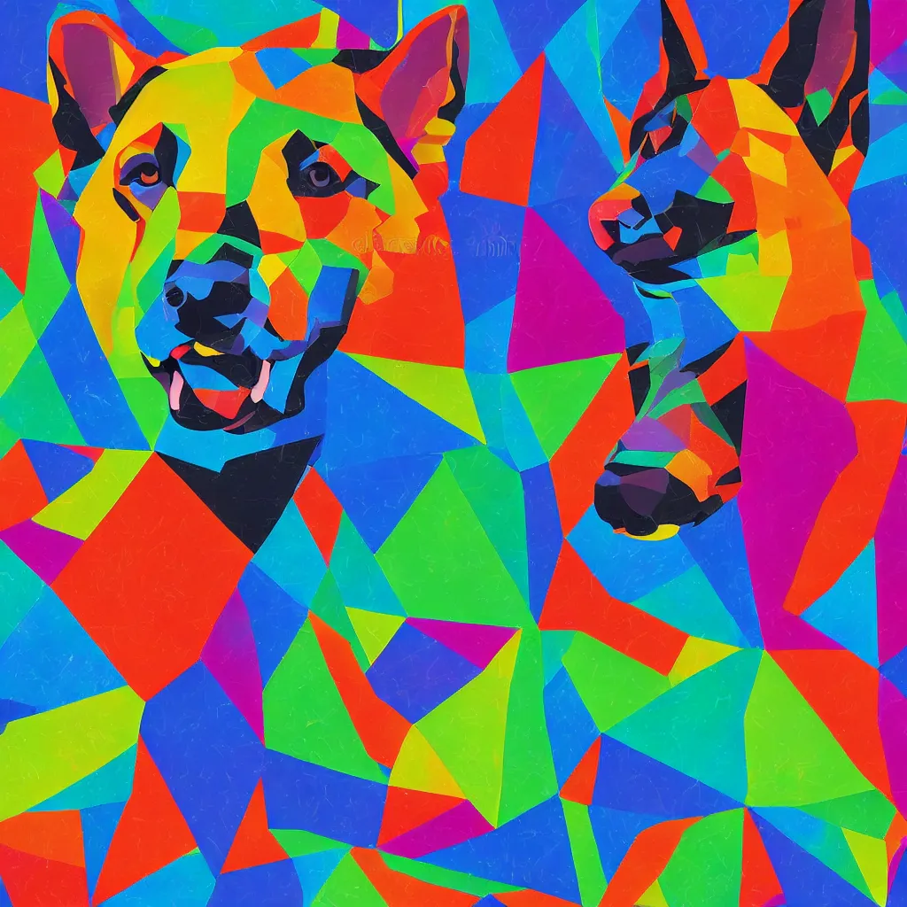 Image similar to illustration of chinese tangram of german shepherd figure made of colorful pieces, 2 d image